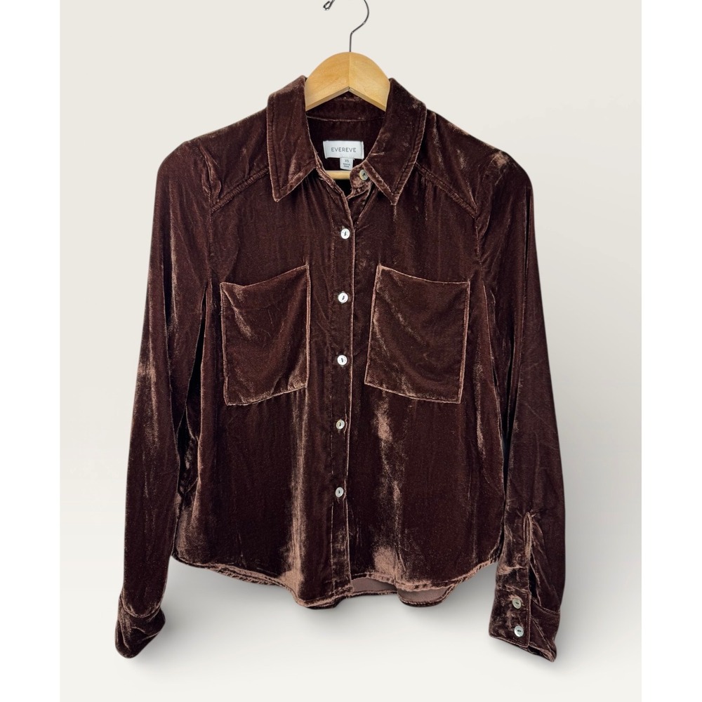 EVEREVE Velvet Button Up Shirt Chocolate Brown Long Sleeve Women's XS